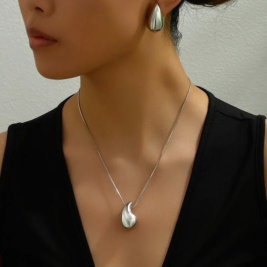 Water Drop Shape Jewelry Set 2 Pcs Necklace Stud Earrings